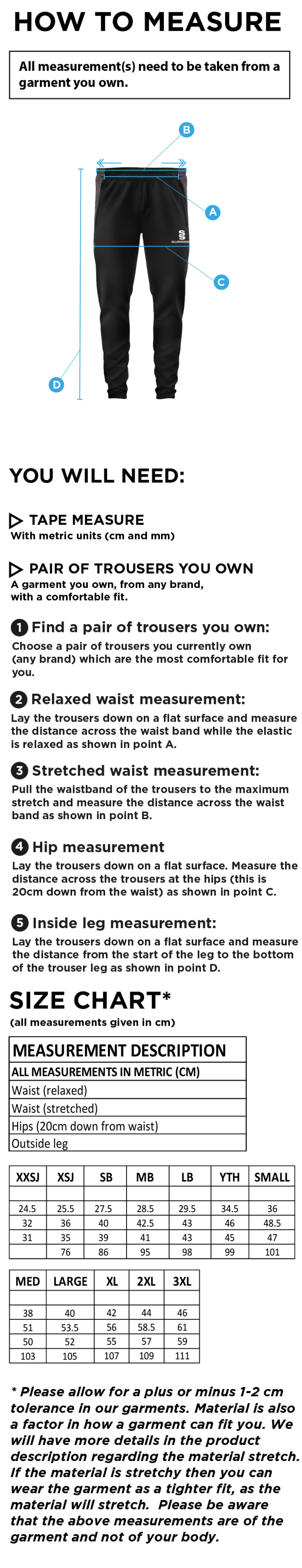 Bath Sword Club Tek Slim Training Pants : Black - Size Guide
