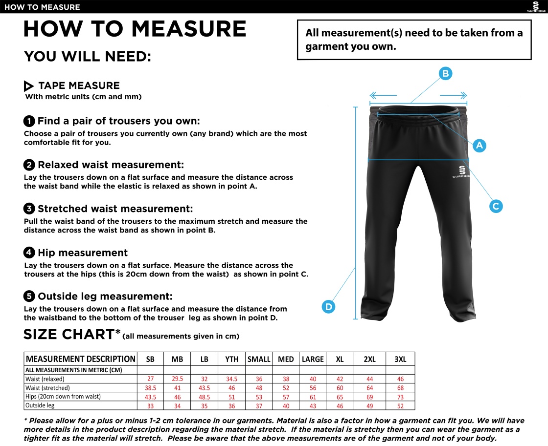 Bath Sword Club Youth's Rip Stop Track Pant : Black - Size Guide